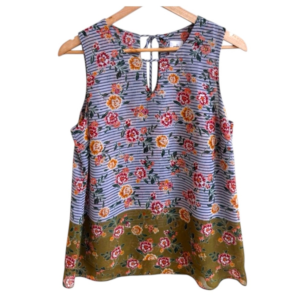 CABI TANK TOP Chiffon Sheer 5354 PENELOPE KEYHOLE TOP BLOUSE Stripes/Floral L